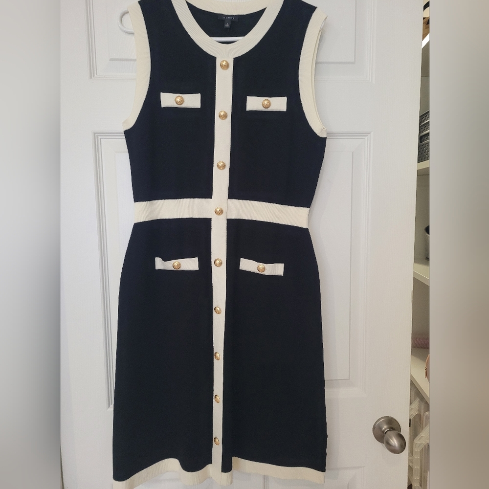 Black and White Sleeveless Dress with Gold Buttons